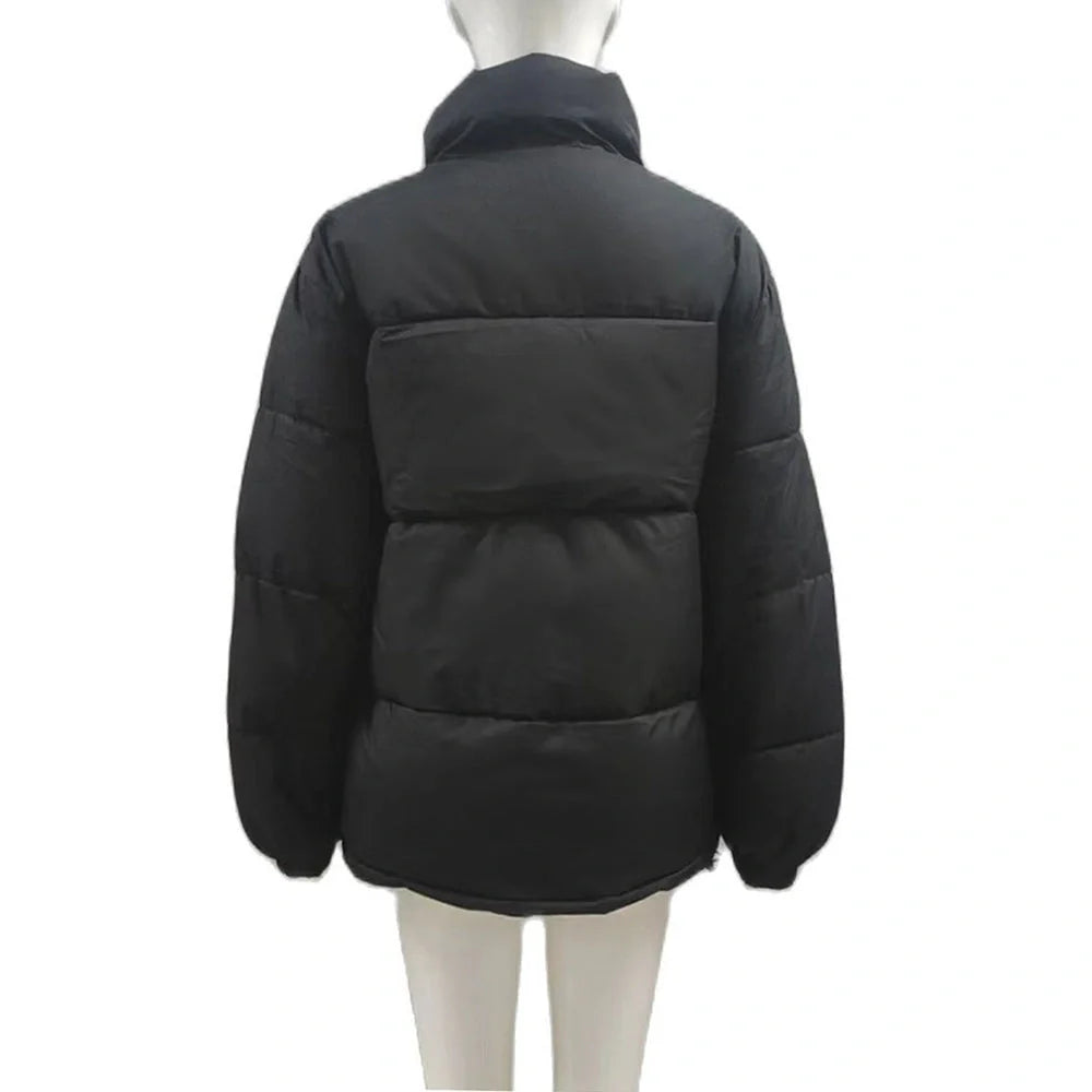 Women's windproof winter coat in white, black, grey, and green