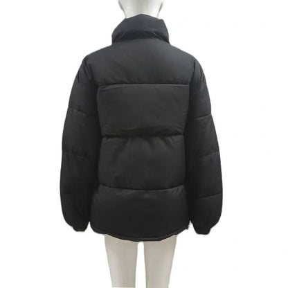 Women's windproof winter coat in white, black, grey, and green