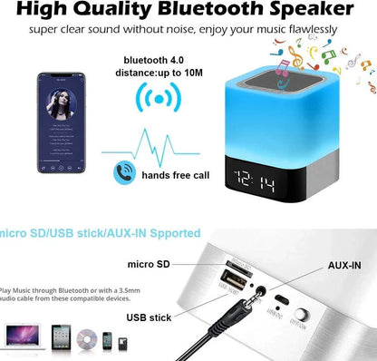 Square Bluetooth speaker alarm clock with touch screen and multi-colour LED lighting, measuring 100x100x112mm