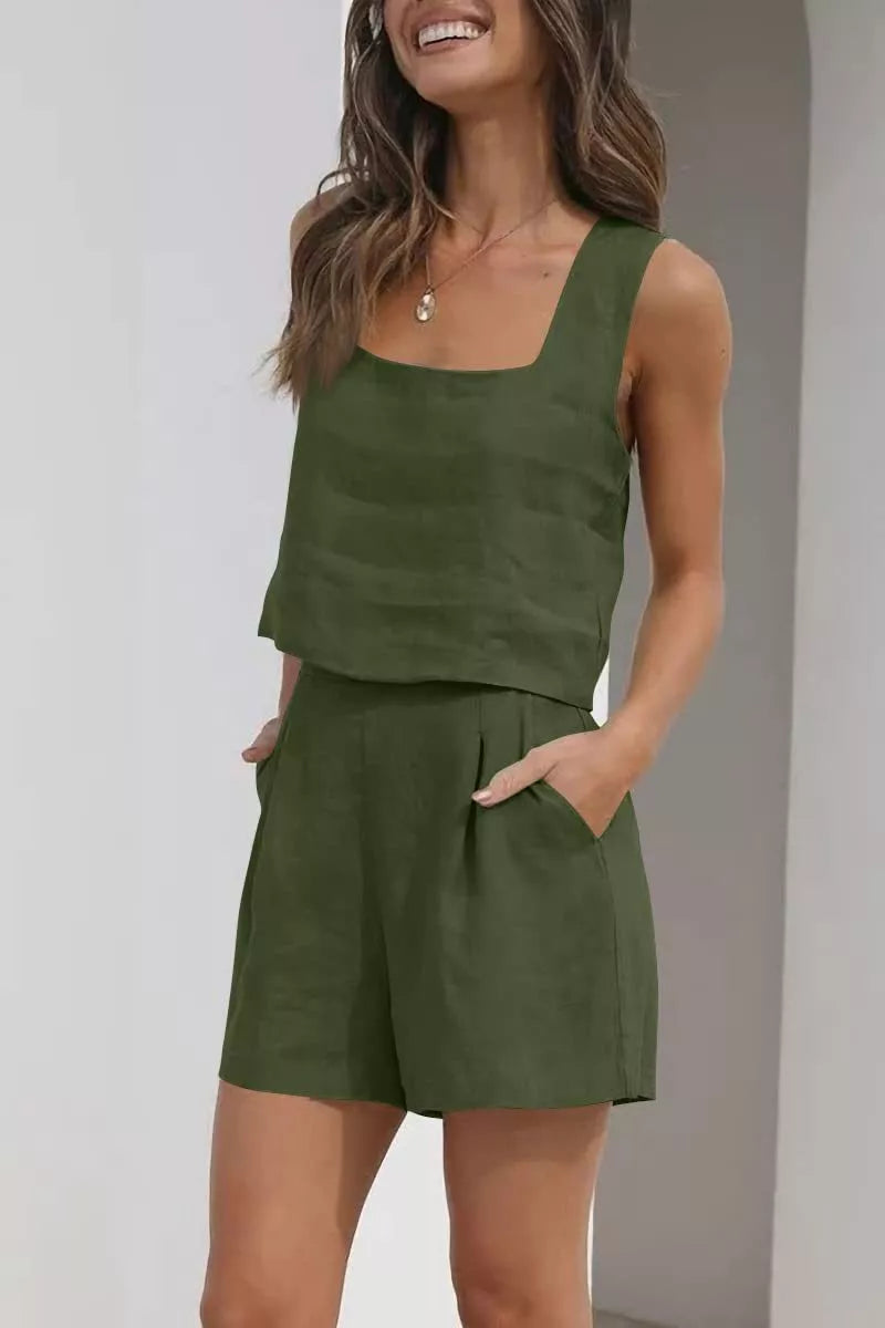 Women's 2-piece cotton linen square neck top and shorts set in various colors