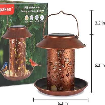 Solar lamp feeder with hummingbird pattern iron art design for garden bird feeding and lighting