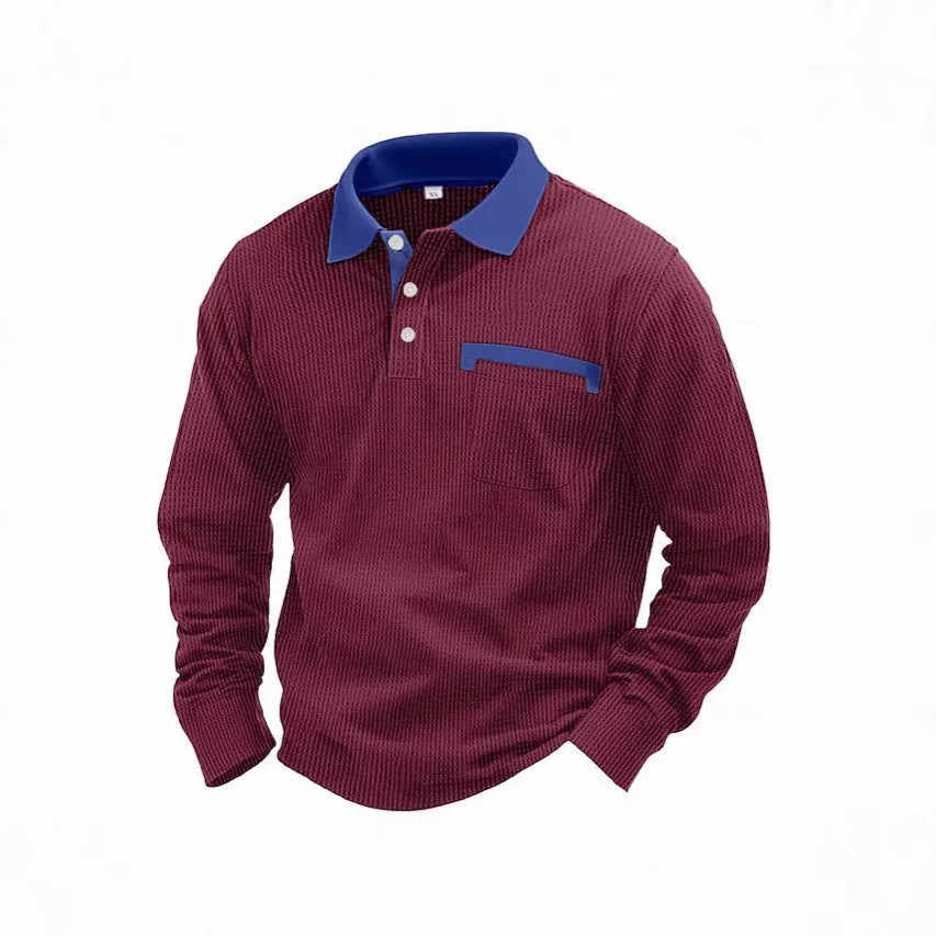 Men's long-sleeved waffle texture polo shirt with asymmetric design in loose fit