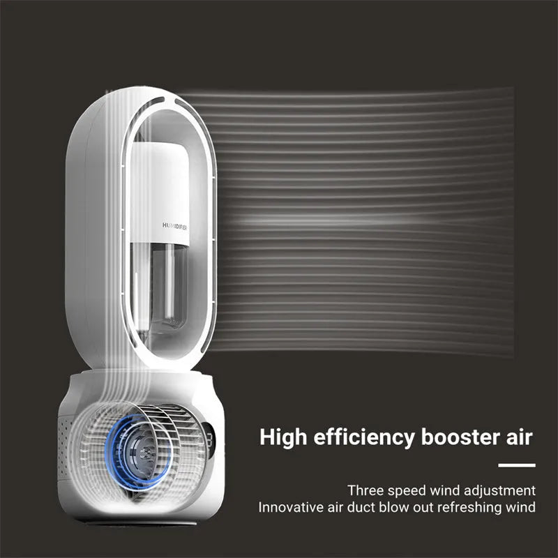 White bladeless portable table fan with humidifier tank on a wooden desk.