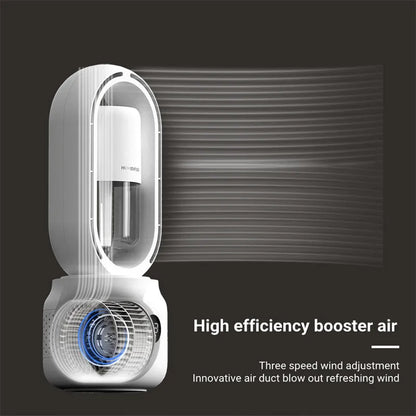 White bladeless portable table fan with humidifier tank on a wooden desk.