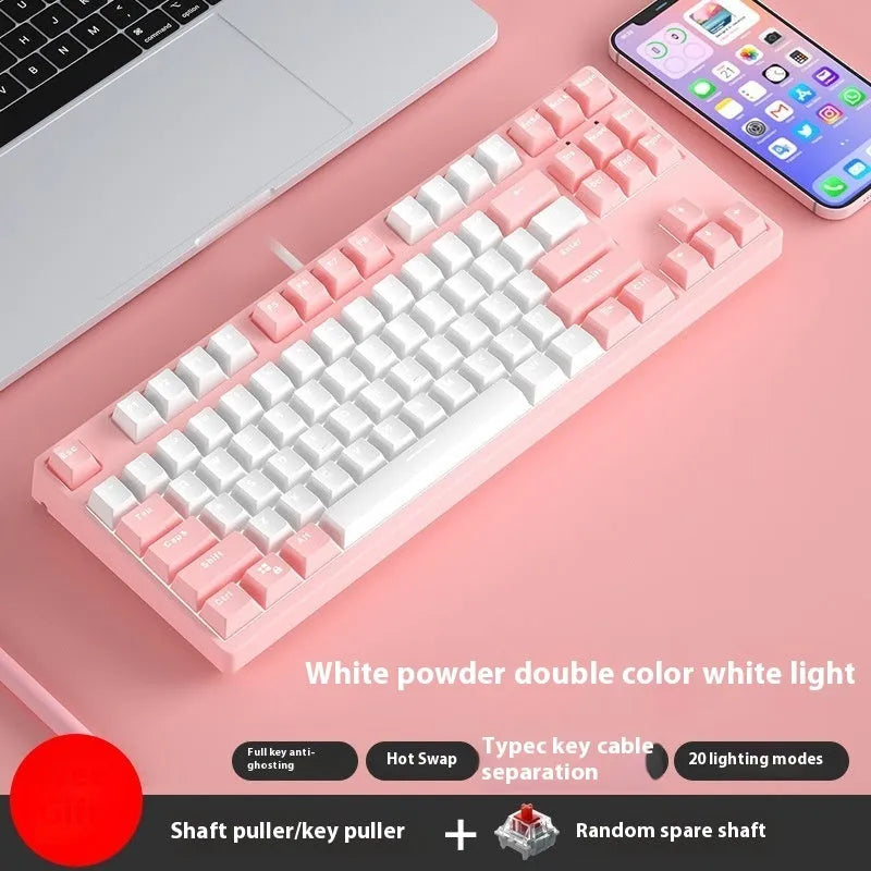 87-key mechanical keyboard with two-tone coloured keycaps on metal case
