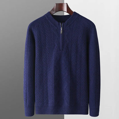 Men's diamond lattice pattern wool sweater with half zipper in dark blue colour