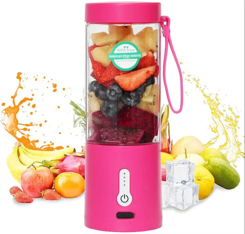 Hand operated portable blender in black, white, blue, and rose red with rechargeable battery and 530ml capacity