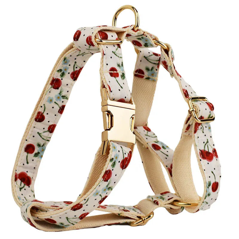 Red cherry print dog collar set with light gold buckle and matching accessories