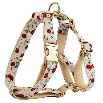 Red cherry print dog collar set with light gold buckle and matching accessories
