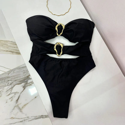 Women's solid colour one-piece swimsuit in black, brown, or red with nylon spandex lining, sizes S M L