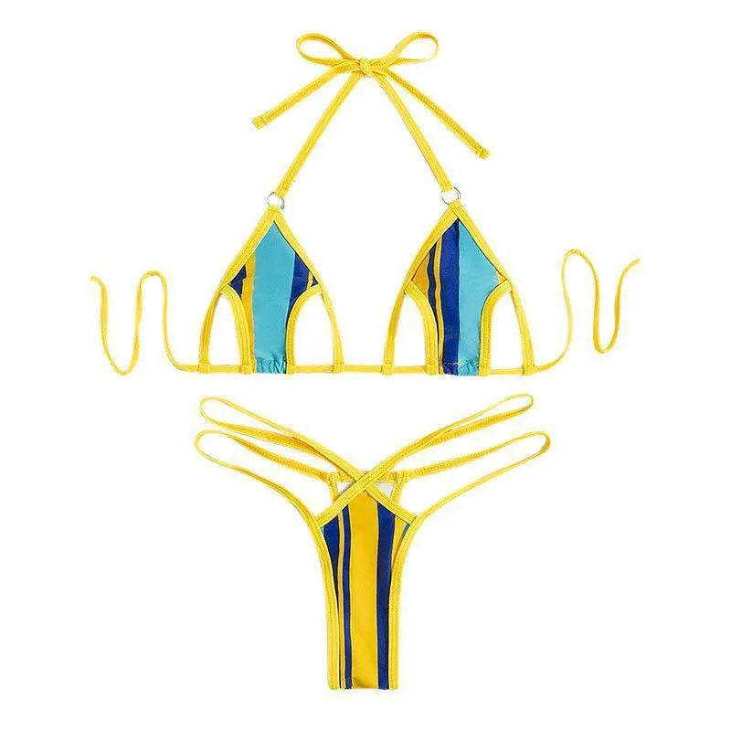 Yellow high-waist backless split swimsuit for women with neck-hanging hollow suit design.
