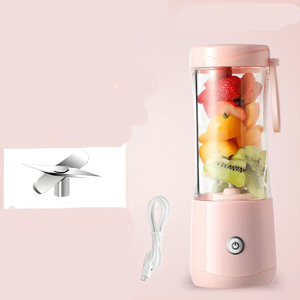 Mini electric portable juice machine with USB cable and six-blade stainless steel design in dark green colour