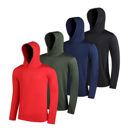 Set of four grey men's lightweight polyester hoodies folded, showing hooded and non-hooded styles.
