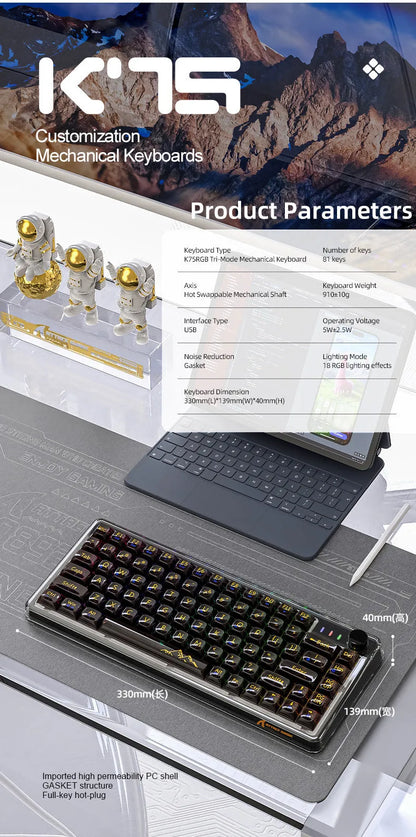 Attack Shark K75 RGB wireless mechanical keyboard with transparent PC casing and hot-swap switches