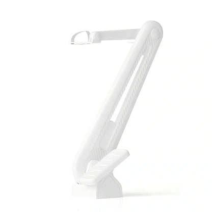White plastic pedal toilet lid lifter with foot operation mechanism for hands-free use