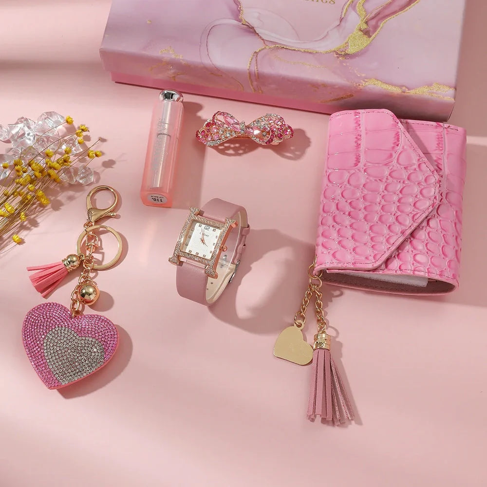 Ladies watch gift set with 35mm dial, matching wallet, vanity mirror, key chain and brooch accessories