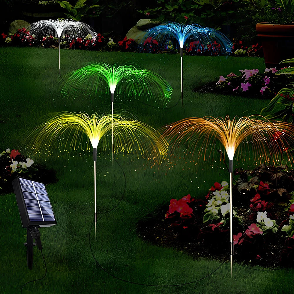 Solar fiber LED jellyfish ground light with optical fiber shell and remote control for garden decoration