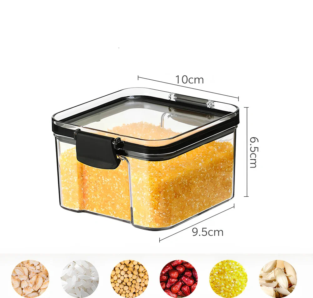 Square clear kitchen storage jar box for pantry organisation with cereals visible inside