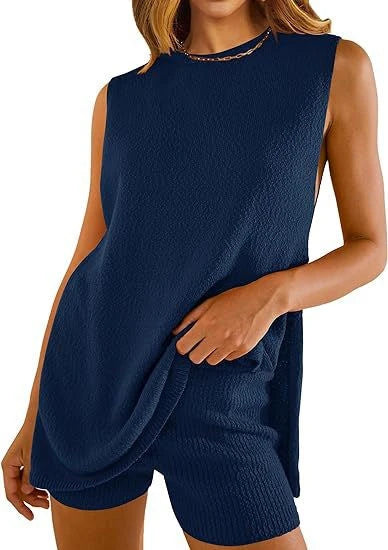 Stylish two-piece knit summer set with split-front vest top and matching shorts in a variety of vibrant colors