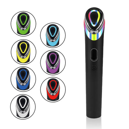 Black eye massager device for facial red and blue light therapy with 7 colour vibration settings.