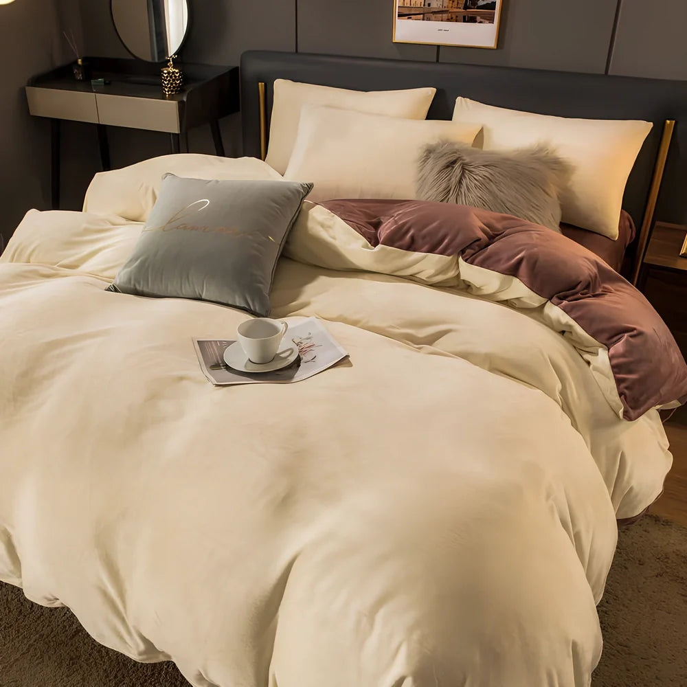 Coral velvet flannel bed sheet set in light grey and deep grey colour combination on double bed