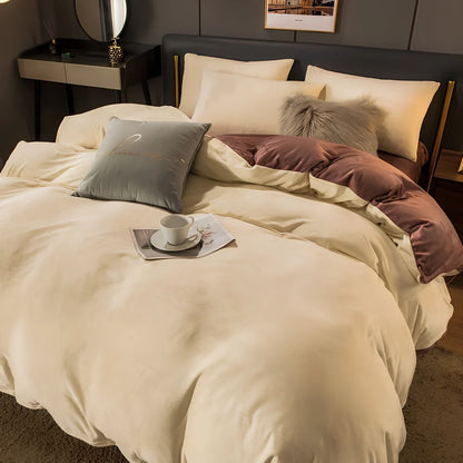 Coral velvet flannel bed sheet set in light grey and deep grey colour combination on double bed