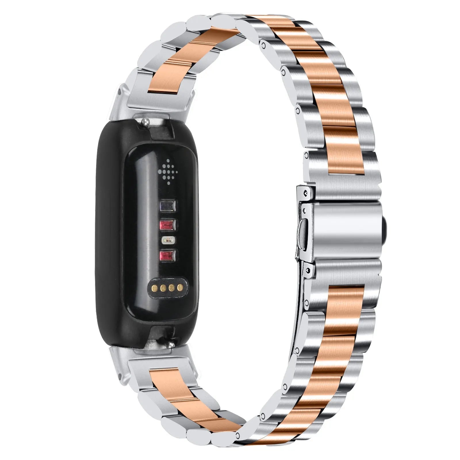 Three-bead stainless steel watch strap for Fitbit Inspire 3 in rose gold on a wrist