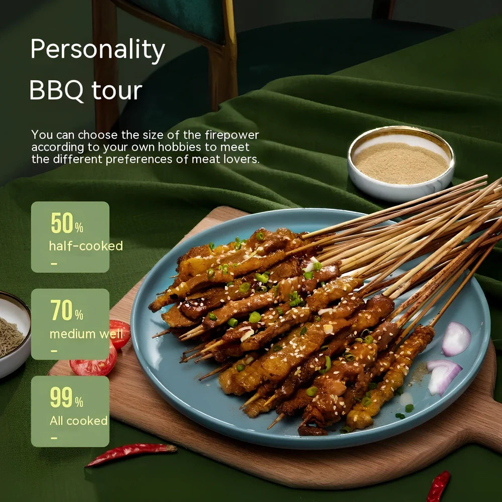 Blue automatic skewers machine with ceramic heating element and built-in oil receiver for smoke-free indoor grilling