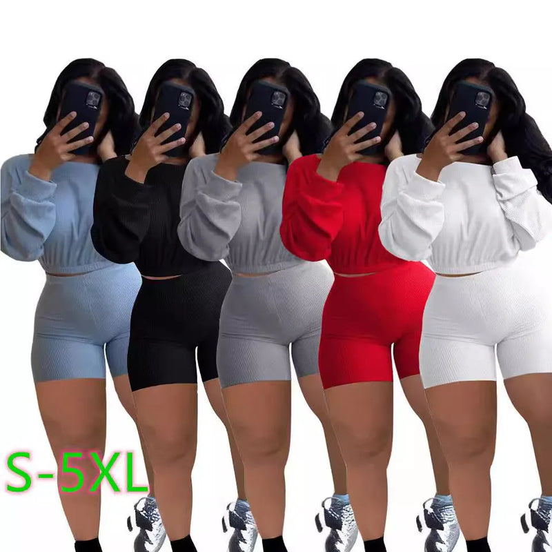 Sunken Stripe Two-Piece Set Long Sleeve Top and Shorts Women's Off-the-Shoulder Loungewear Outfit in Polyester Available in 10 Solid Colors Including Black White and Pink in Sizes S to 5XL