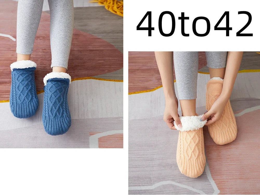 Winter woolen socks with V-opening design and anti-slip dots on soles in navy blue colour