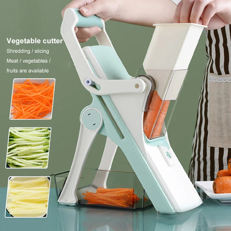 Multifunctional vegetable cutter with safety design and 30+ slicing options
