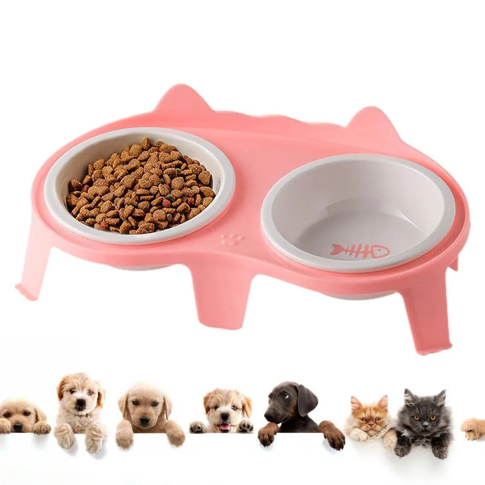 Ceramic cat bowl set with elevated stand in blue, pink, white, or yellow