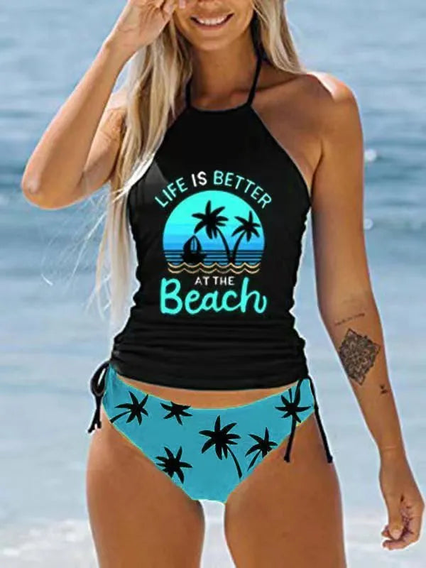 Colourful conservative women's swimsuit with cartoon printing and split brief design