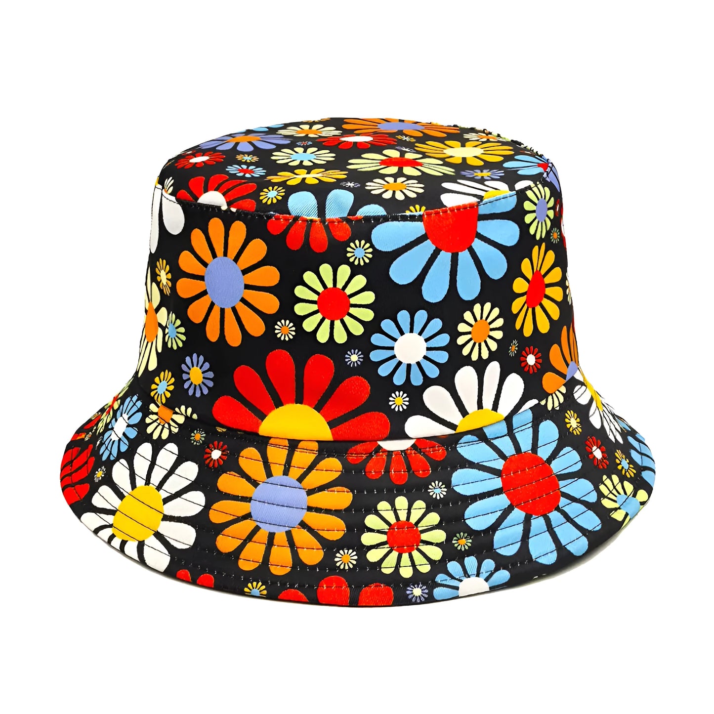 Colourful flower print polyester bucket hat with dome crown design