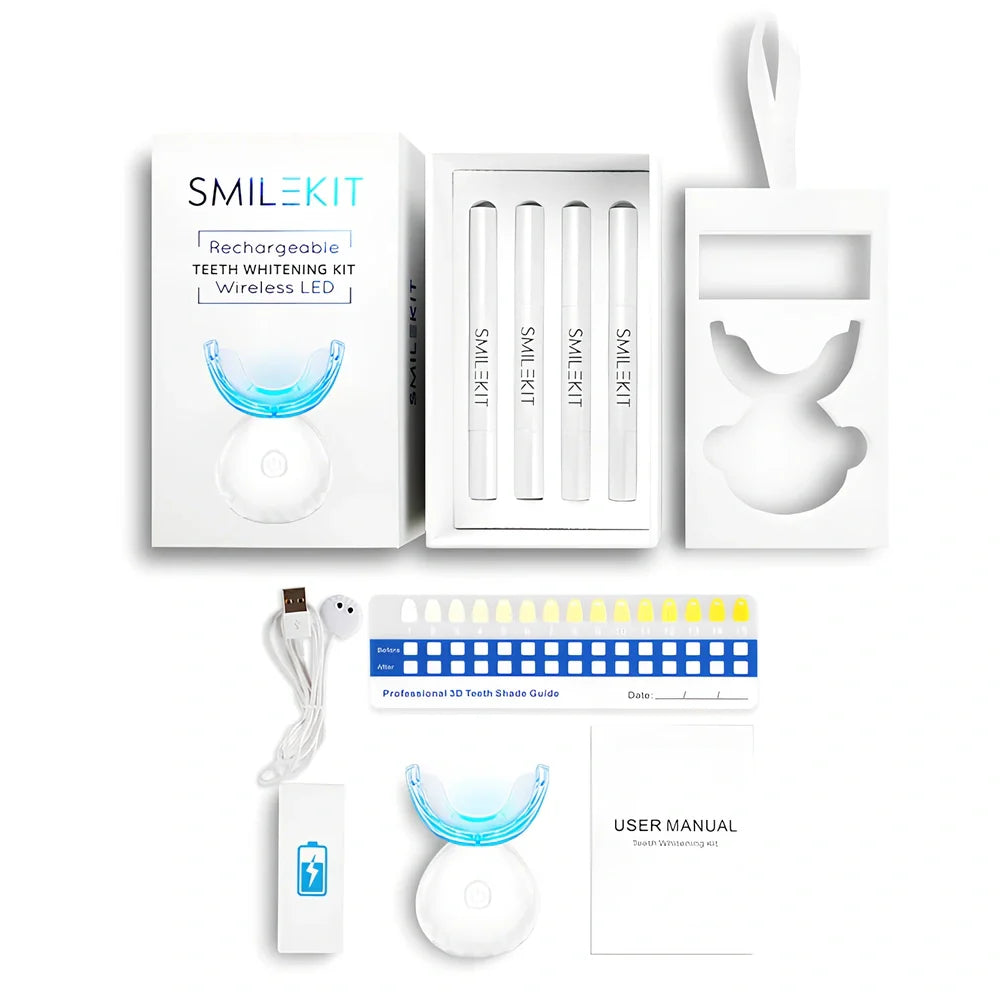 Wireless teeth whitening lamp kit in black charging suit with mint gel for portable stain cleaning