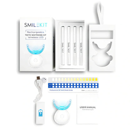 Wireless teeth whitening lamp kit in black charging suit with mint gel for portable stain cleaning