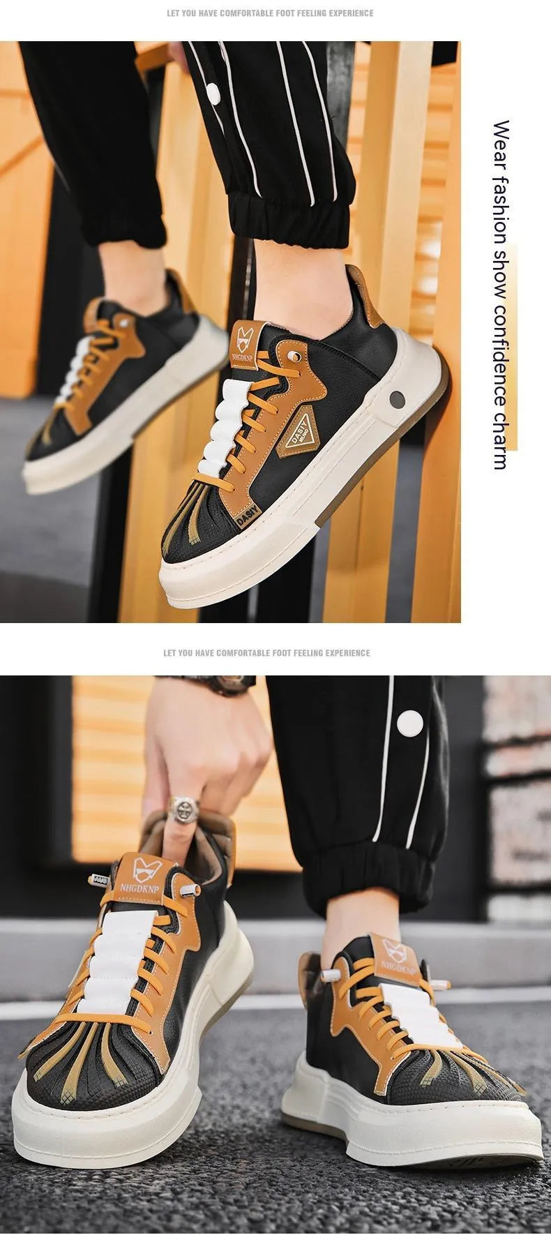 Men's beige low-top sneakers with elastic band closure and leather stitching on microfiber upper