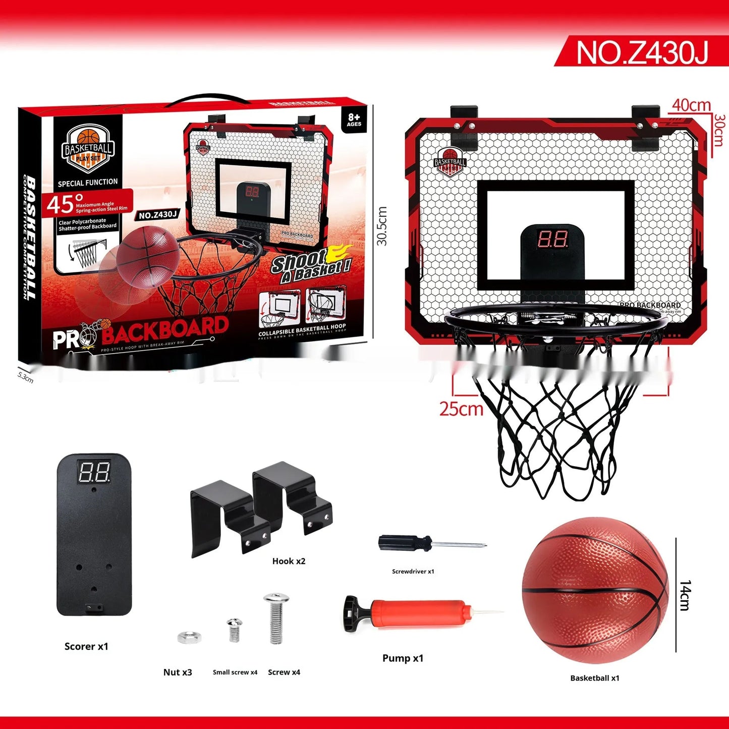 Red folding basketball frame with suction cups mounted on door, showing 400x300mm panel and 16cm ball