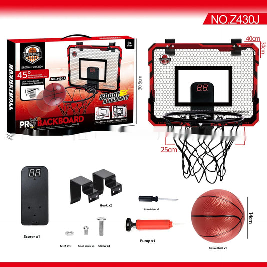 Red folding basketball frame with suction cups mounted on door, showing 400x300mm panel and 16cm ball