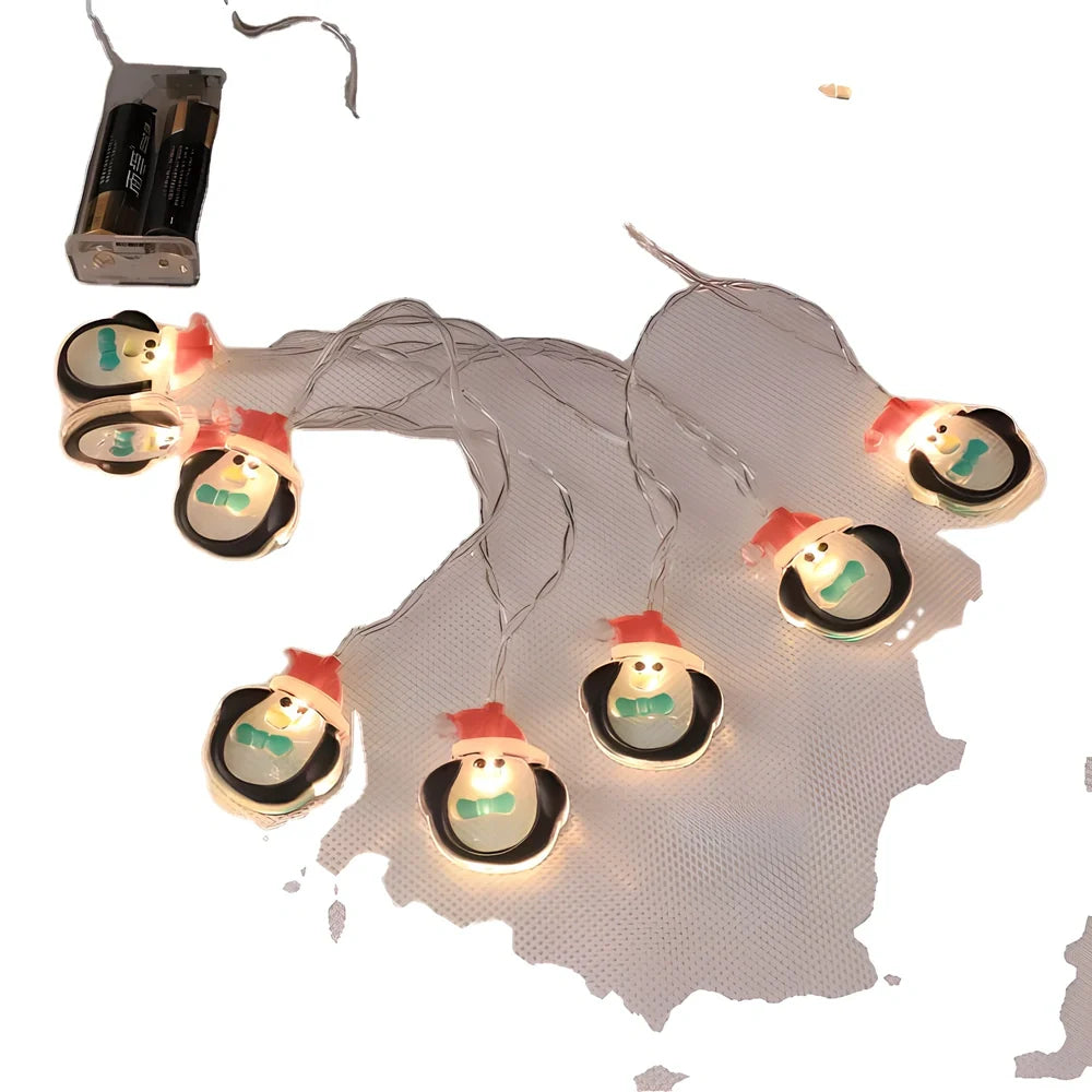Battery-operated LED snowman Christmas lights with dotted, suit, and skiing snowman designs