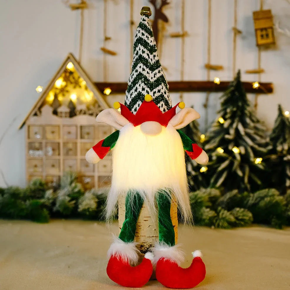 Christmas elf Rudolph doll with LED lights and striped fabric hat, 25cm tall