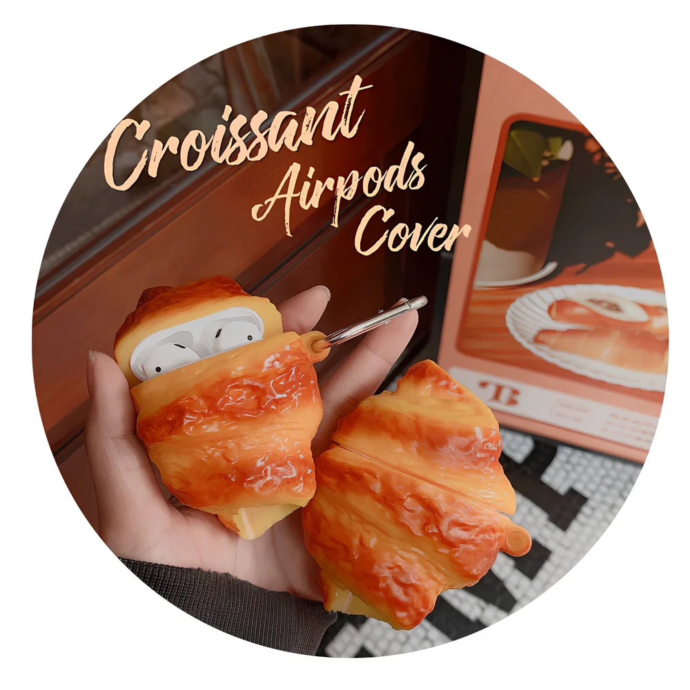 3D croissant silicone protective case for AirPods Pro 3rd gen with integrated hook, yellow bread design