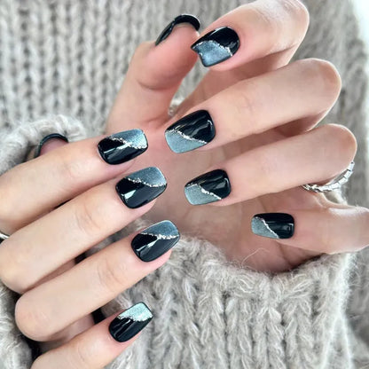 Sweet Girl style medium coffin false nails with random colour patterns, press on artificial nail sets