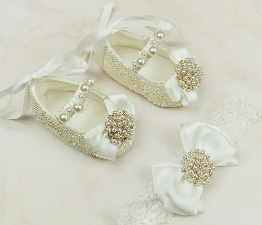 Handmade milky white cloth shoes with lace-up closure and matching fabric headband