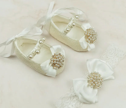 Handmade milky white cloth shoes with lace-up closure and matching fabric headband