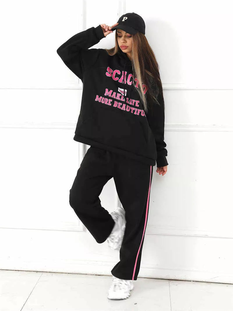 Women's casual printed top and pants set in polyester, available in black, pink, and purple