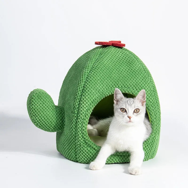 Dark green enclosed cat cave pet bed with plush interior for kittens and dogs