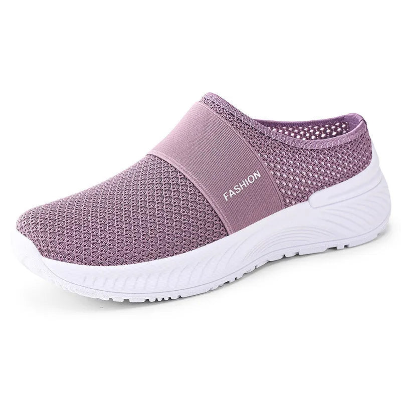 Women's breathable mesh casual shoes in beige, flat heel, round toe, PVC sole, sizes 36-43.