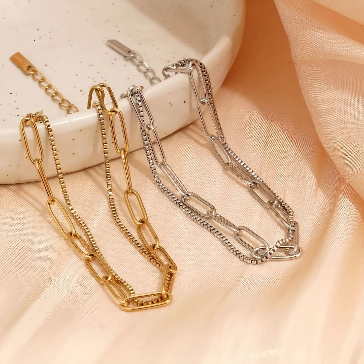 Geometric double layer stainless steel bracelet for women in gold or silver electroplate