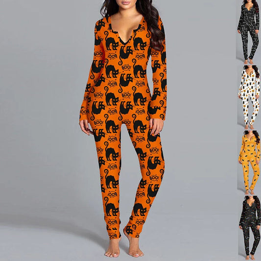 Spooktacular Halloween jumpsuit with unique printed design and relaxed, comfortable fit